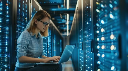 A woman is sitting in a server room and working on a laptop