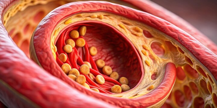 Close-up image of atherosclerosis, showing a buildup of atheromatous plaque inside an artery