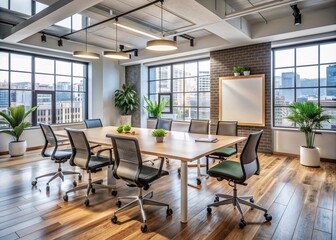 Fototapeta premium Empty modern office space with diverse multicultural design project elements, whiteboard, and empty chairs, conveying a sense of collaborative workflow and teamwork.