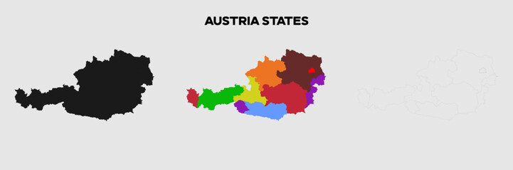 Austria States-Provinces Map Vector Pack. Map with States. Gray Map Silhouette. Gray Outline Map. Editable EPS file.