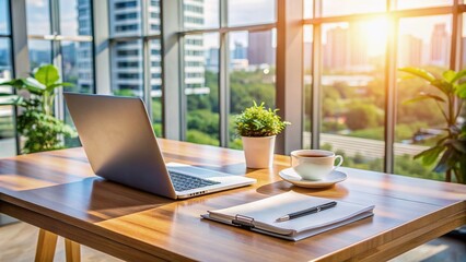 Fototapeta premium Modern desk with open laptop, papers, and coffee cup in a clean and bright office, conveying a sense of professionalism and productivity in a busy workspace.