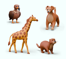 Collection of wild and domestic animals on white background. 3D vulture, dog, giraffe, otter