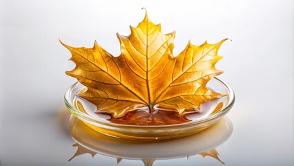 Golden maple syrup poured into a small pool on a pure white background, glistening with subtle shine and inviting warmth, evoking feelings of winter sweetness.