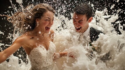 Joyful couple celebrating their wedding by splashing water, capturing a moment of love and excitement in a fun and playful scene.