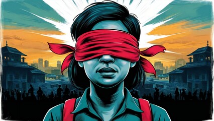 Portrait of Blindfolded Person protest Violence Buildings Freedom Manipulation Control fear Background
