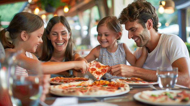 Mom, dad and daughter are eating together pizza at pizzeria. Happy family eating pizza at restaurant. Selective focus. family of four is enjoying pizza together. Birthday at pizzeria, happy hour - Powered by Adobe