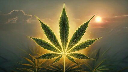 Marijuana Cannabis leaf Green Sun sky clouds Glowing Leaf plant nature