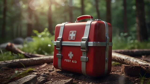 A red medicine box is in the middle of the forest. First aid for people who need help. Seamless 4K looping timelapse video animation generated AI