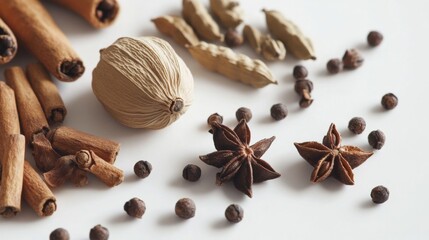 Obraz premium A close-up of aromatic spices like cardamom pods, cloves, and nutmeg arranged on a white surface for a classic look.