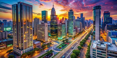 Fototapeta premium Colorful cityscape with bustling streets, sleek skyscrapers, and vibrant signage, capturing the dynamic energy of a modern metropolis at dusk without a single pedestrian.