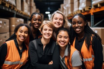 Fototapeta premium Smiling portrait of a young and diverse group of women in warehouse