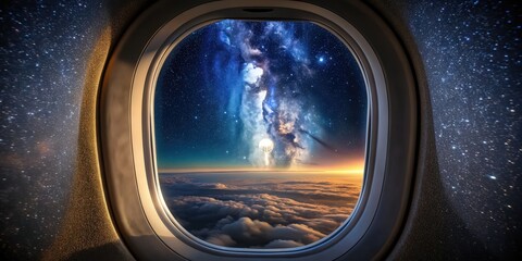 Fototapeta premium A breathtaking view of the starlit skies from an airplane window, celestial, wonders, serene, journey, airplane, window