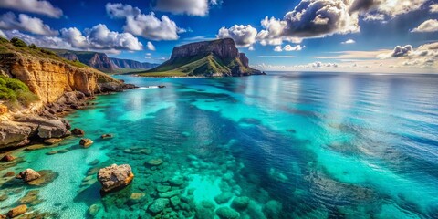 Obraz premium Serene turquoise ocean stretches towards the horizon, embracing the rugged grandeur of a towering cliff, showcasing nature's flawless harmony in this breathtaking landscape.