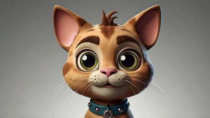 A 3D cute cartoon style portrait of a curious, big-eyed cat character with a bell collar, pointy ears, and a mischievous grin, set against a simple background