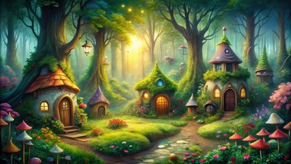 Watercolor of charming fairy houses in enchanting forest setting, watercolor, fairy houses, whimsical, forest, cute, fantasy