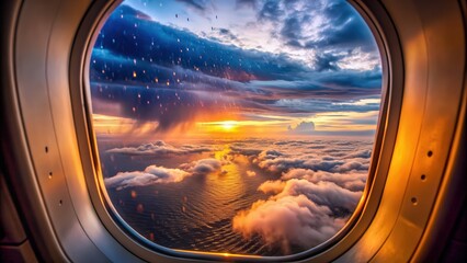 Fototapeta premium Airplane window view of a beautiful sunset on a rainy day , airplane, window, view, sunset, rainy day, travel, transportation