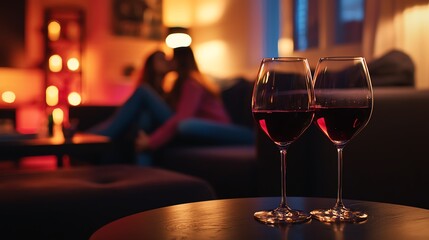 Two glasses of red wine on a table create a cozy atmosphere as a couple shares an intimate moment in a softly lit room.