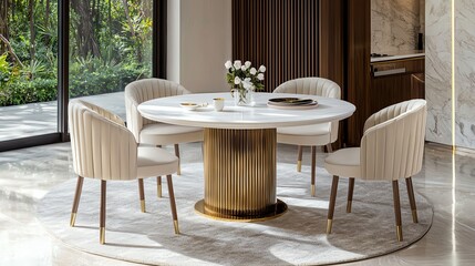 Elegant dining area featuring a modern round table and stylish chairs, surrounded by natural light and greenery.