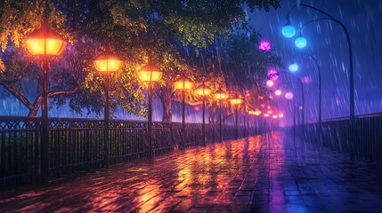 A serene, rain-soaked pathway illuminated by colorful lanterns, creating a tranquil atmosphere ideal for evening strolls.