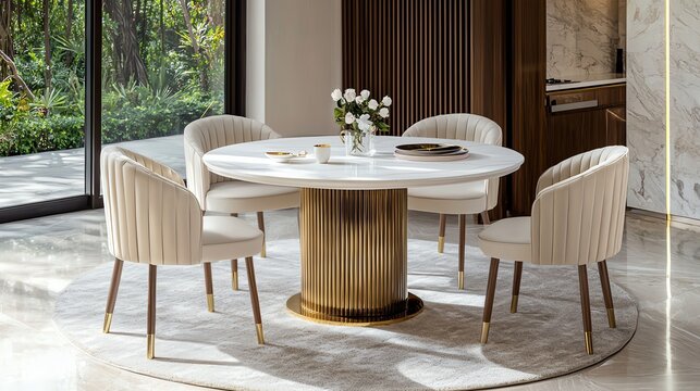 Elegant dining area featuring a modern round table and stylish chairs, surrounded by natural light and greenery.
