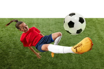 Female soccer player mid-air, executing bicycle kick with precision and power, showcasing athleticism and skill. Concept of women and sport, team games, movement, victory, action. Ad