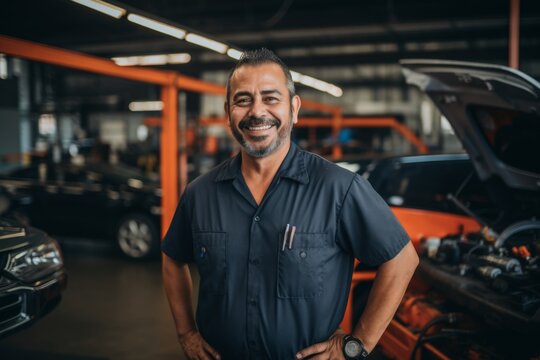 Smiling portrait of a middle aged car mechanic in workshop