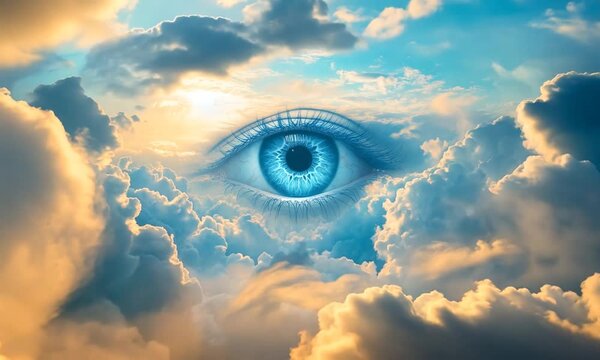 The all-seeing eye in the sky between the clouds. Divine eye. God.