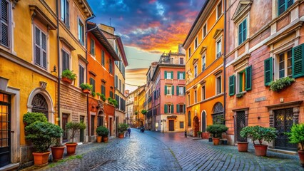 Fototapeta premium Vibrant and colorful street scene in Rome, Italy with historic buildings and cobblestone streets, Rome