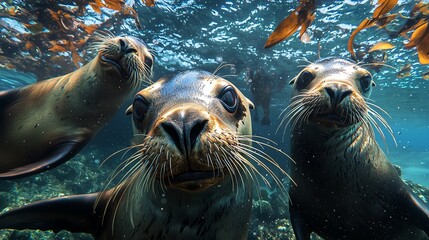 Three playful sea lions explore their underwater habitat amidst vibrant kelp, showcasing curiosity and adaptability in marine life.