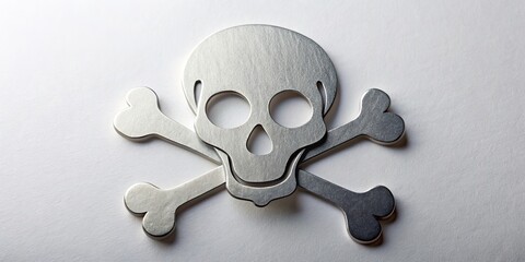 Intricately machine-cut silver and black paper skull and crossbones dingbat is arranged in a flat lay style on a plain white paper background.
