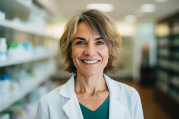 Fototapeta premium Smiling portrait of a middle aged female pharmacist in pharmacy