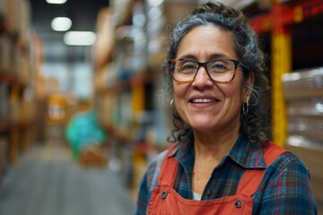 Naklejka premium Portrait of a smiling middle aged female warehouse worker