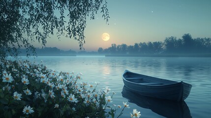 A serene landscape at dawn featuring a calm river, a small boat, blooming flowers, and a glowing moon reflecting on the water.