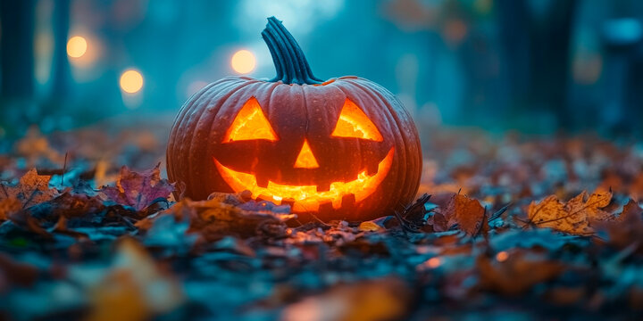 glowing Halloween pumpkin lantern on autumn leaves in a nighttime park. Ideal for businesses related to holidays, interior decorations, and festive events. Concept: Halloween, fall season.