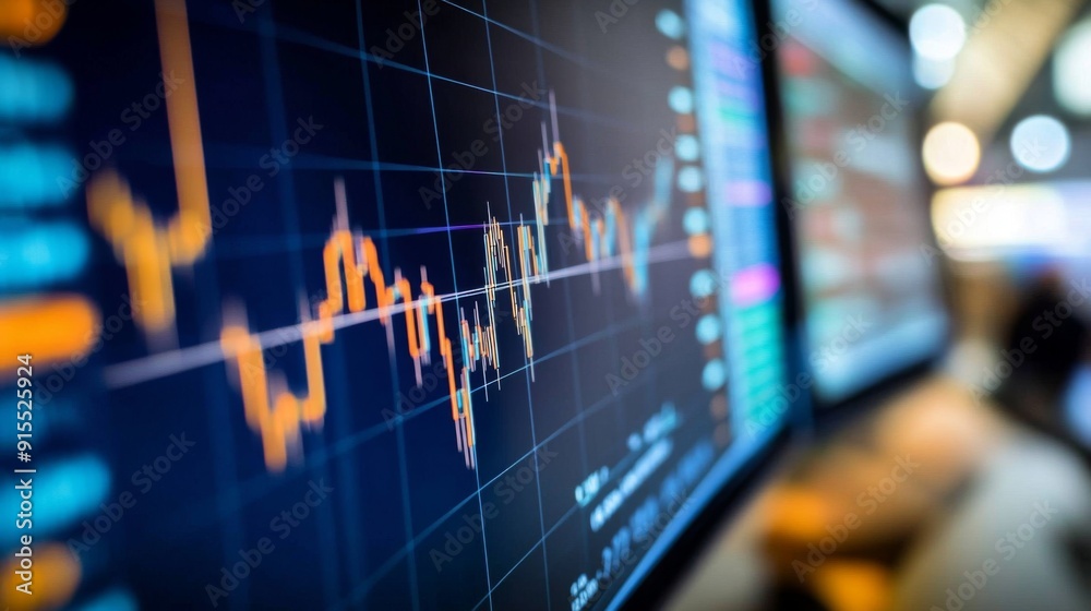 Fototapete a computer monitor displaying a real-time stock chart with fluctuating prices and volumes, indicatin