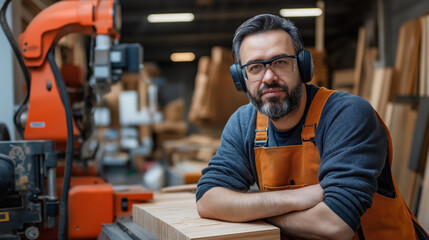 Fototapeta premium Carpenter with beard and eyeglasses wearing ear protection and apron in woodworking shop, leaning on a piece of wood near industrial machinery.