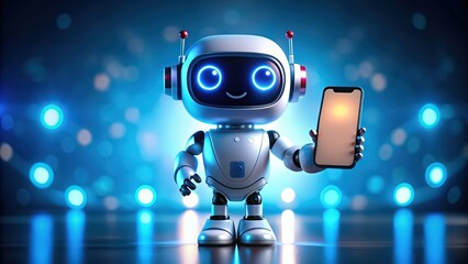 Cute robot holding smartphone with glowing blue lights, robot, cute, smartphone, technology, device