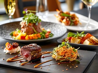 Gourmet Steak Dinner with Wine and Side Dishes.