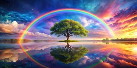 Acrylic of a spreading tree against a rainbow fantasy sky with reflection in the lake, tree, acrylic,spreading, rainbow, fantasy