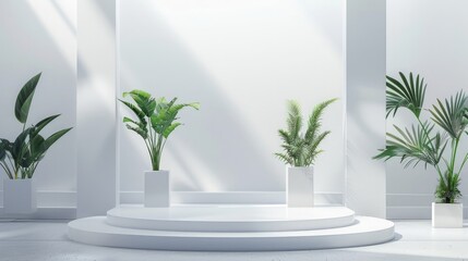 Minimalist White Studio with Green Plants for Product Photography