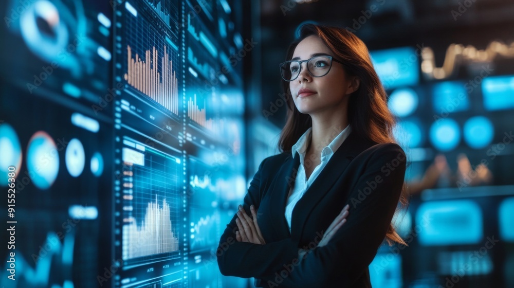 Poster a confident woman in business attire standing in front of a digital screen displaying business analy