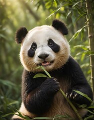 Obraz premium Cute Panda Bear Eating Bamboo in Forest.