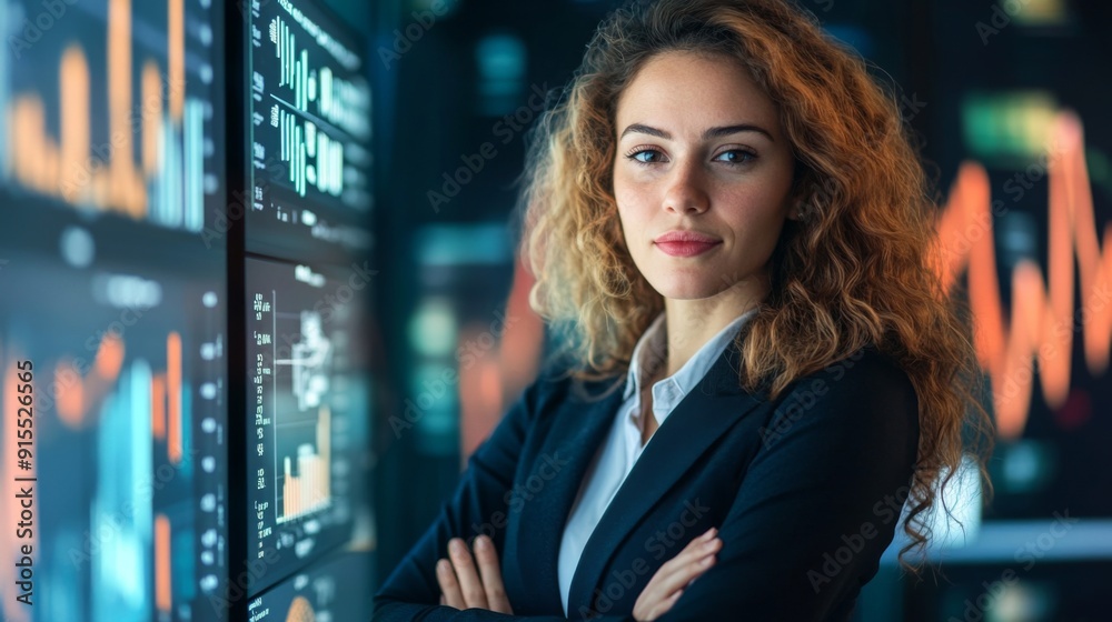 Poster A confident woman in business attire standing in front of a digital screen displaying business analytics and charts.