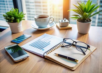 Organized office desk with financial advisor tools, glasses, and a strategically placed open book, evoking a sense of focused investment research and planning.