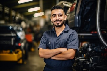 Obraz premium Portrait of a smiling latin male engineer in auto part factory