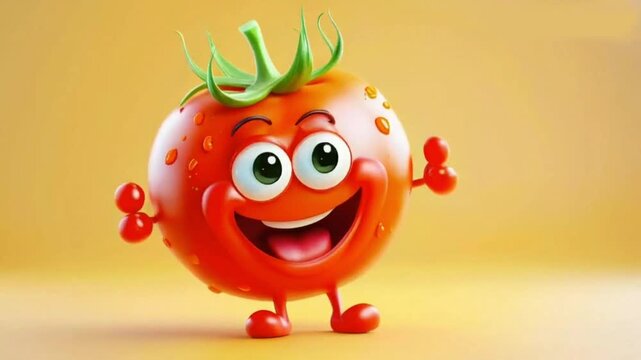 Cheerful cartoon Tomato  character with cute smile. Sweet orange fruit, happy funny food personage. Healthy food concept High quality HD 4K video