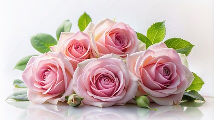 Delicate pink rose flowers arranged artfully in a lush bundle, set against a pristine white background, exuding elegance and romance in every delicate petal fold.