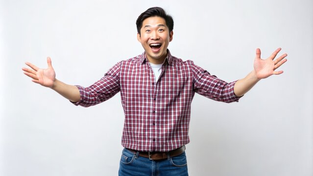 Joyful Asian male stands with open arms, beaming with excitement, conveying a sense of friendliness, inclusivity, and approachability against a crisp white background.