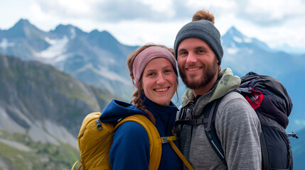 Happy Couple Hiking in the Mountains with Scenic View