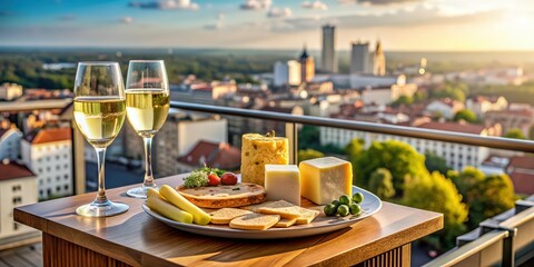 Cheese platter and champagne served on a balcony overlooking the city, cheese, platter, champagne, balcony, city view